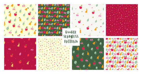 Naklejka premium Сollection of 8 doodle patterns. Seamless vector texture with fruit and berries, dots. Patterns for fabric, wallpaper, background