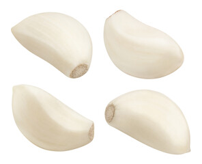 Peeled garlic cloves collection, isolated on white background