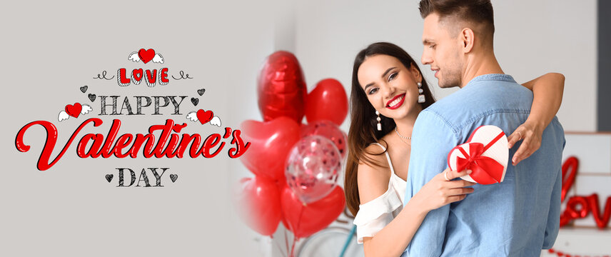 Beautiful greeting card for Happy Valentines Day with young couple in love