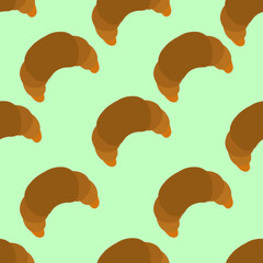 Pattern of repeating croissants on turquoise background. Vector illustration. Design element. Images for use in design of menu of sites for themed products of tissue of wrapping paper of postcards