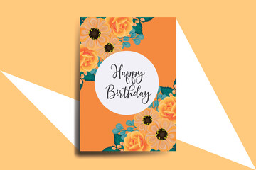 Greeting card birthday card Digital watercolor hand drawn Orange Zinnia With Rose Flower Design Template