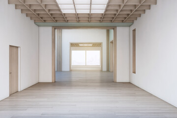Fototapeta na wymiar Contemporary concrete exhibition hall interior with wooden flooring, empty posters and sunlight. Gallery concept. 3D Rendering.