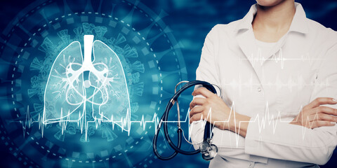 Creative image of medical worker with glowing interface of lungs and virus on blurry background. Medicine, healthcare and pandemic concept. Double exposure.