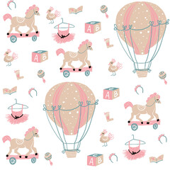 neonato, cavallo a dondolo, mongolfiera, giochi, gioco, abiti, bambino, rosa, beige, pattern, infantile, cameretta, gallina, giocattolo, bebè, 