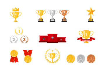 set of winner award and achievement elements. Trophy cup, stage podium, and medals design.