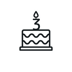 Birthday cake lined icon with candle  number 3. Vector.