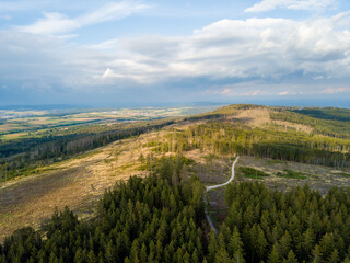 Waldsterben im Taunus zwischen Sandplacken und Saalburg durch Klimawandel, Trockenheit und Borkenk&auml;fer von oben mit Drohne, Hessen Deutschland