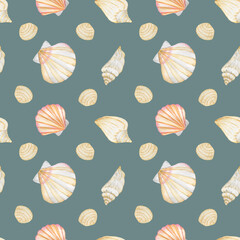 Watercolor seamless seashell pattern isolated on gray turquoise background.For fabrics,textile.