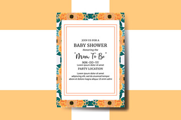 Baby Shower Greeting Card Orange Zinnia With Rose Flower Design Template