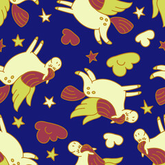 Cute flying horses in night sky. Pegas seamless vector pattern