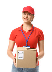 Female courier with parcel on white background