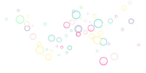Soapy bright multicolored bubbles fly randomly on a white background. Vector illustration