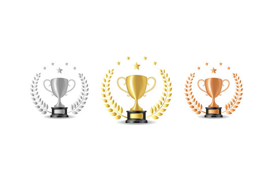 Gold silver bronze trophy cups. Game winner prize cups, goblet prize icons vector illustration with laurel wreaths
