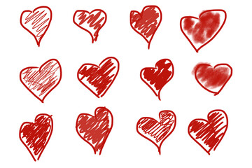 Red hearts set on white background. Different style and shape.