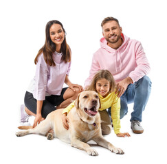 Happy parents with cute little daughter and Labrador dog on white background