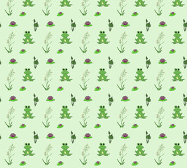 Seamless pattern with cute frogs, reed and water lily on green background. Perfect content for wallpaper, postcards, posters, fabric, napkins and other creative projects.