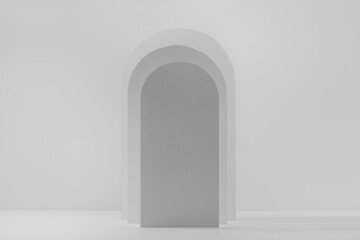 Fashion rectangle grey rounded arches as scene mockup in silhouette with shadows as podium for presentation, showing, display of cosmetic product, design, advertising in geometric minimal style.