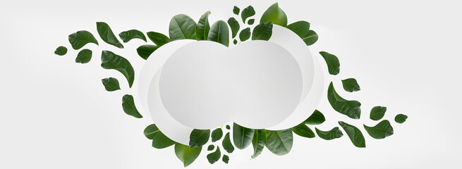 Fresh summer geometric white abstract figure of rounded form with flows of flying tropical green leaves, blank frame for branding, design of logo, stiker, tag, sale, advertising, natural eco style.