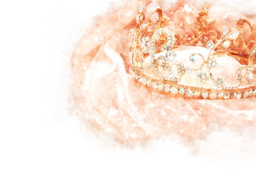 watercolor style and abstract image of beautiful queen/king crown. fantasy medieval period