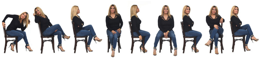 Side and front view of same woman with jeans and heeled shoes sitting on chair on white background