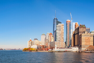 View from Hudson river of the Financial District, one of the most affluent neighborhoods with...