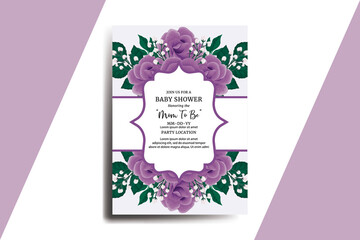Baby Shower Greeting Card Purple Rose Flower Design Template