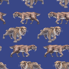 Repeated seamless pattern of a watercolor saber-toothed cat.