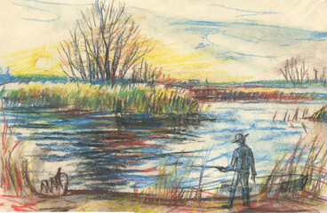 autumn landscape with a fisherman sketch_1 - 477583183