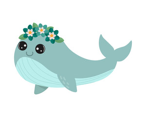 Сute whale with wreath of flowers. Isolated on white background. For books, children's books, books about animals, stickers, magazines, design, factories, business