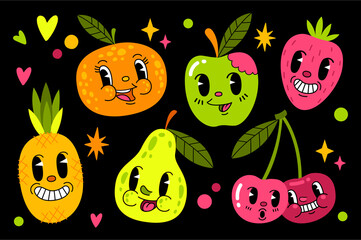 Set of 30th cartoon style happy fruits and berries