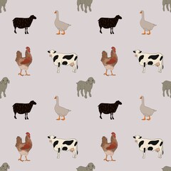Seamless pattern with farm animals. Goose, sheep, cow, rooster, chicken. On pink background. Illustration.