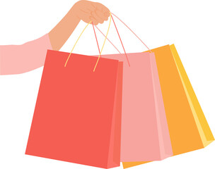 Woman's hand holding three paper shopping bags. White background. Vector illustration. Flat style