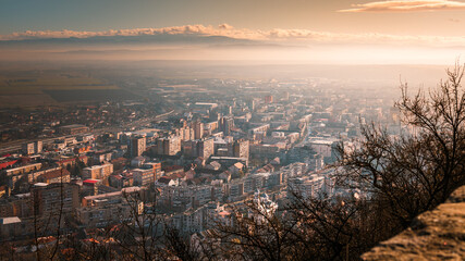 Arial panoramic view of the city of Deva, Romania