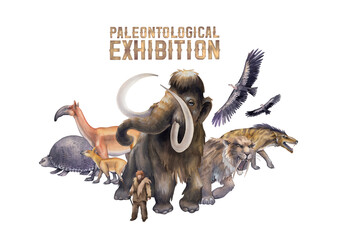 Composition of watercolor prehistoric animals and primordial human
