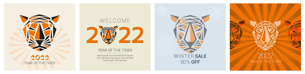 Welcome 2022, the year of the tiger - Chinese calendar vector graphic set for your seasonal new year greetings - layout template with illustration of tiger heads, suitable for your winter sale & event - obrazy, fototapety, plakaty