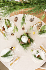 Beautiful table setting with pine cones and fir branches, top view