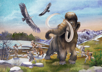 Watercolor scene of primordial humans hunting on a mammoths - 477587735