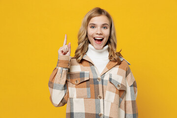 Little insighted blonde caucasian kid girl 13-14 years wearing checkered shirt holding index finger...