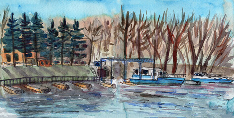 Spring landscape of forest and powerboats on river. Hand drawn watercolor and ink sketch. Blue sky. Trees without leaves. Conifer trees. Nature and ecology. For post card, poster, banner, wallpaper