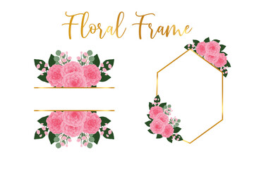 Floral Frame Pink Camellia flower Design Template, Digital watercolor hand drawn