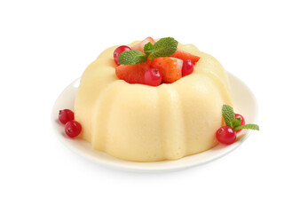 Delicious semolina pudding with berries isolated on white