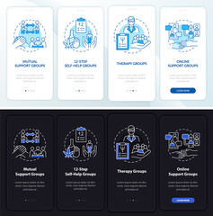 Support groups types night and day mode onboarding mobile app screen. Walkthrough 4 steps graphic instructions pages with linear concepts. UI, UX, GUI template. Myriad Pro-Bold, Regular fonts used