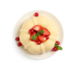 Delicious semolina pudding with berries isolated on white, top view