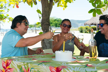 Group of friends and family members enjoying outdoors, having dinner together in nature, toasting and drinking wine