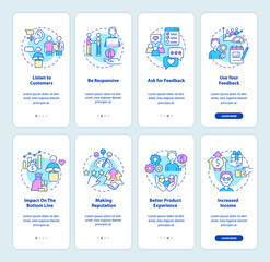 Good customer support onboarding mobile app screen set. Walkthrough 5 steps graphic instructions pages with linear concepts. UI, UX, GUI template. Myriad Pro-Bold, Regular fonts used
