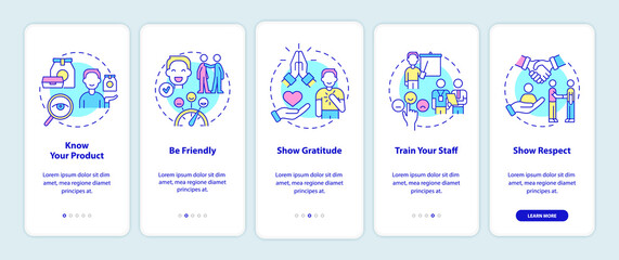 Customer service onboarding mobile app screen. Clients assistance walkthrough 5 steps graphic instructions pages with linear concepts. UI, UX, GUI template. Myriad Pro-Bold, Regular fonts used