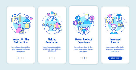 Benefits of customer service onboarding mobile app screen. Good support walkthrough 4 steps graphic instructions pages with linear concepts. UI, UX, GUI template. Myriad Pro-Bold, Regular fonts used