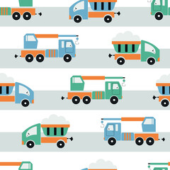 Children's trucks seamless pattern. Cartoon toy cars repeat background. Cute vector illustration of transport for baby.