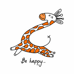 a happy giraffe is running, isolated in a doodle style. Vector illustration