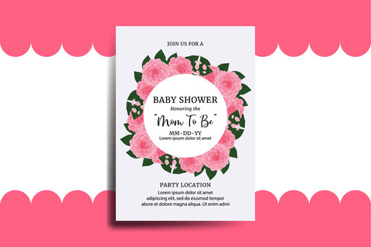 Baby Shower Greeting Card Pink Camellia Flower Design Template